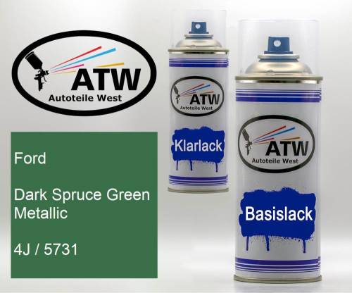 Ford, Dark Spruce Green Metallic, 4J / 5731: 400ml Sprühdose + 400ml Klarlack - Set, von ATW Autoteile West.